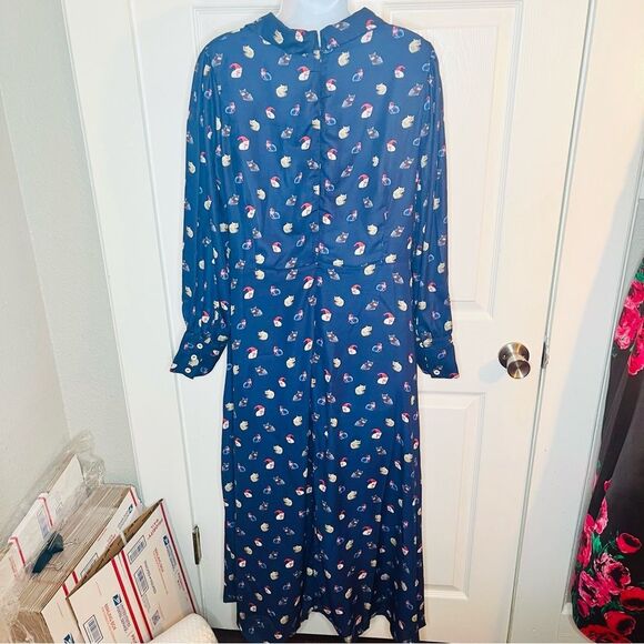 Modcloth Romantic Era Button Front Midi Dress Santa Cat Print Christmas Navy XL - Picture 10 of 13